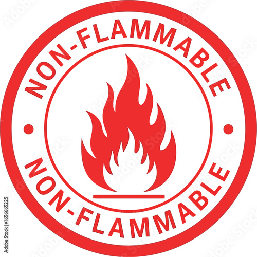 Red circular warning sign with a stylized flame symbol indicating non flammable material or safety precaution