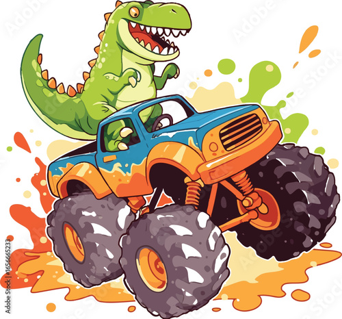 Dinosaur Monster Truck Adventure: A vibrant illustration captures the thrill of a playful dinosaur driving a massive monster truck, set against a colorful, splashy backdrop.