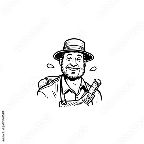 Happy vintner character illustration holding wine bottle with hat, expressing his passion and joy for winemaking with his vineyard