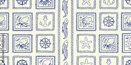 Hand-drawn nautical motifs in squares with rope border on light background marine pattern