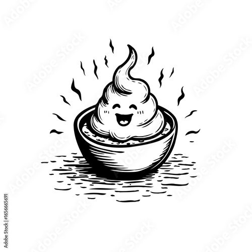 Delightful cartoon mashed potatoes in a bowl emanating steam and happiness a heartwarming illustration