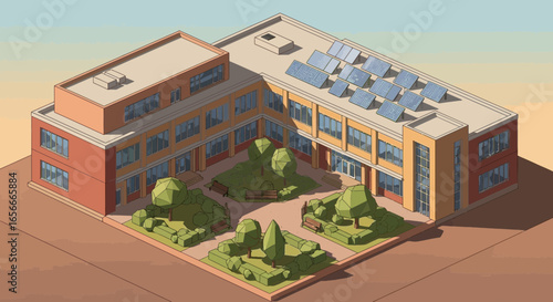 Isometric illustration of an eco-friendly building with solar panels setup