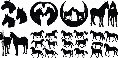 Horse silhouettes set: running herd, mare and foal, head profiles