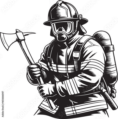 Dramatic Firefighter Pose Illustration – Vector Heroic Figure in Gear