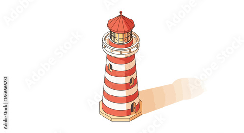 Isometric lighthouse with red and white stripes on a clean white background