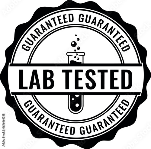 Circular emblem with the words lab tested in the center and guaranteed repeated around the border with a stylized test tube graphic