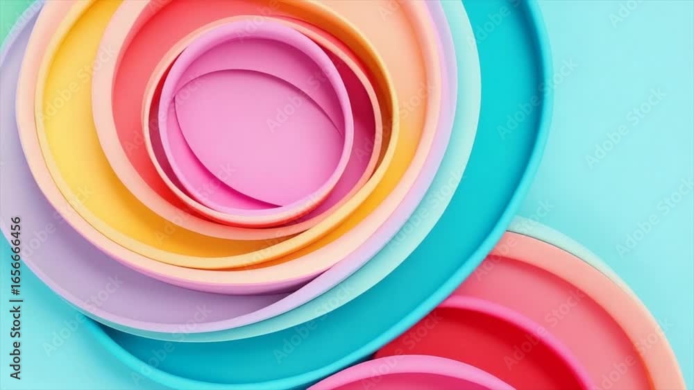 Vibrant arrangement of nested colorful plates on a soft blue background, showcasing modern design