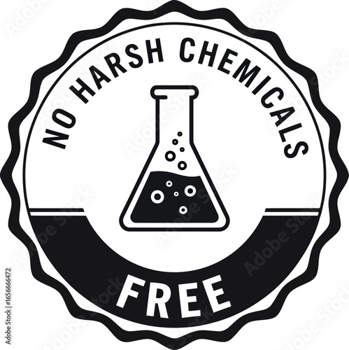 Round seal or badge with text no harsh chemicals free and a laboratory flask symbol inside representing purity and safety