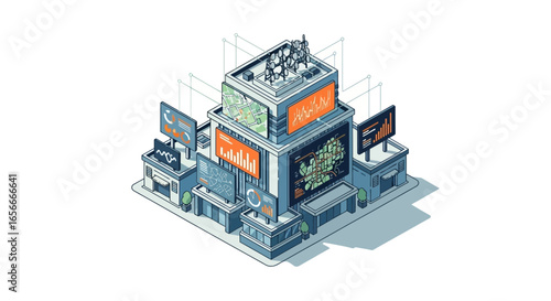 Isometric representation of a futuristic smart city with data analytics displays
