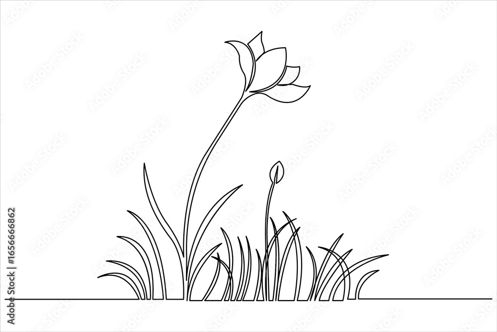 Naklejka premium Continuous line meadow grass with floral element minimalist botanical vector illustration