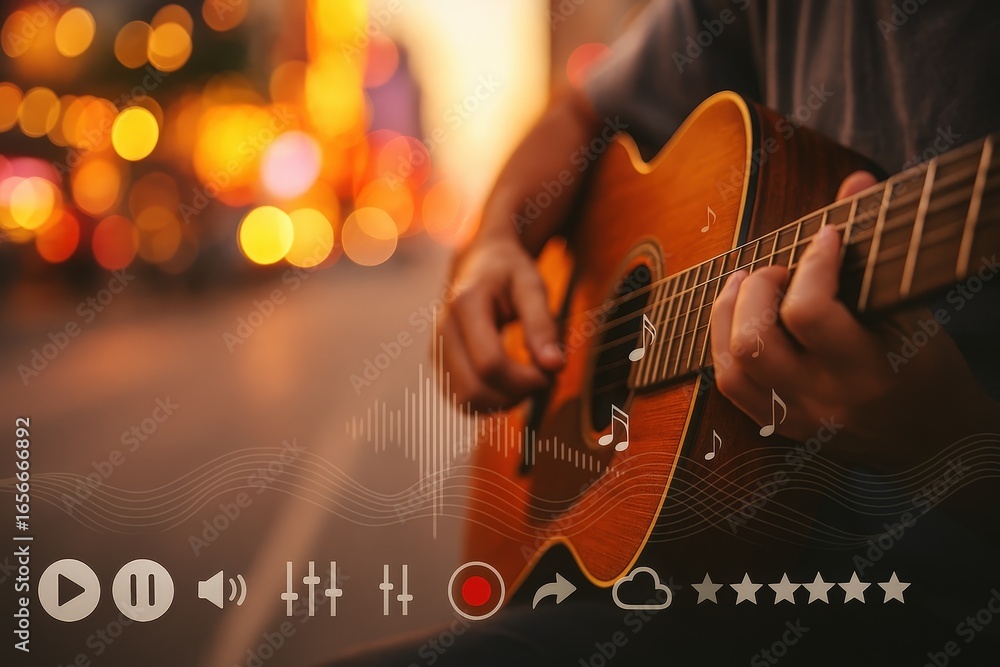 Obraz premium A person plays an acoustic guitar outdoors at night, showcasing music controls overlaid.