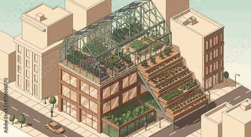 Isometric urban farm thriving atop building, showcasing sustainable agriculture