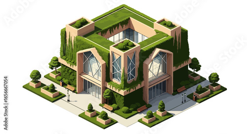 Isometric view of a sustainable building with green roof and lush foliage