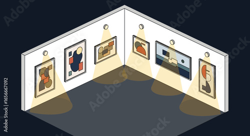 Isometric view of modern art gallery with abstract paintings illuminated