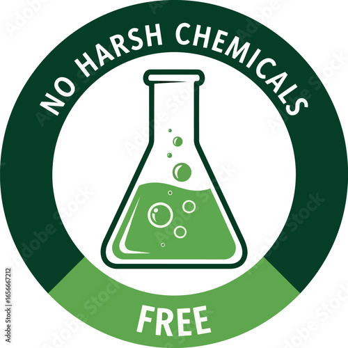 Circular green and white badge with text no harsh chemicals free and a science flask with green liquid inside