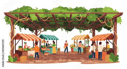 Lively farmer's market scene under leafy pergola with shoppers browsing goods