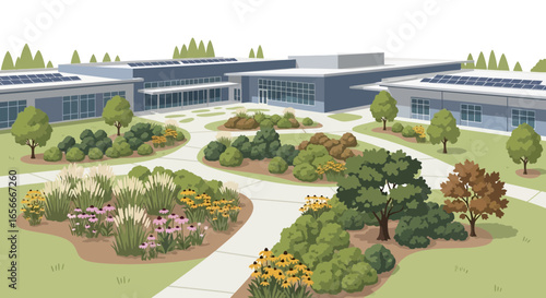 Landscaped complex with modern buildings and sustainable solar panels array
