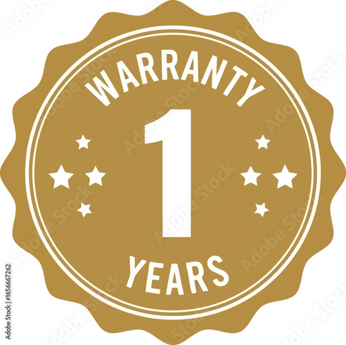 Golden circular badge with the text warranty one year and small stars symbolizing guarantee and product protection