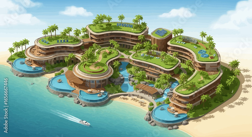 Luxurious eco-friendly resort with breathtaking ocean view and lush vegetation