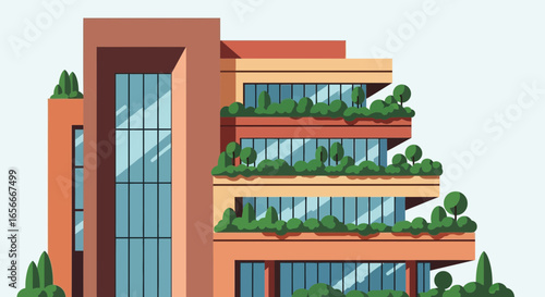 Modern architectural building with green gardens on the balconies vector illustration