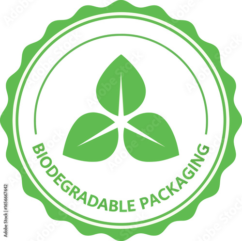 Green circular badge with three stylized leaves in the center and the words biodegradable packaging around the edge