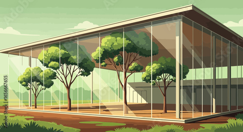 Modern glass pavilion integrating trees in nature's architectural embrace