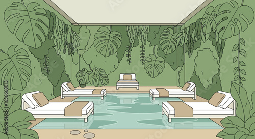 Relaxation in a tropical spa resort with lush vegetation and a pool
