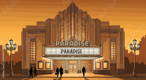 Retro Theater Facade with Pedestrians under an Evening Sky, Artistic Rendition
