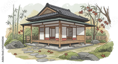 Serene japanese teahouse amidst bamboo and maple trees in detailed illustration