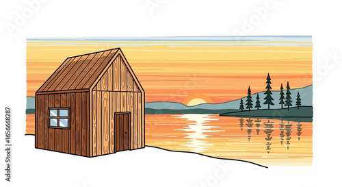 Serene lakeside cabin retreat illustration at colorful sunset nature scene