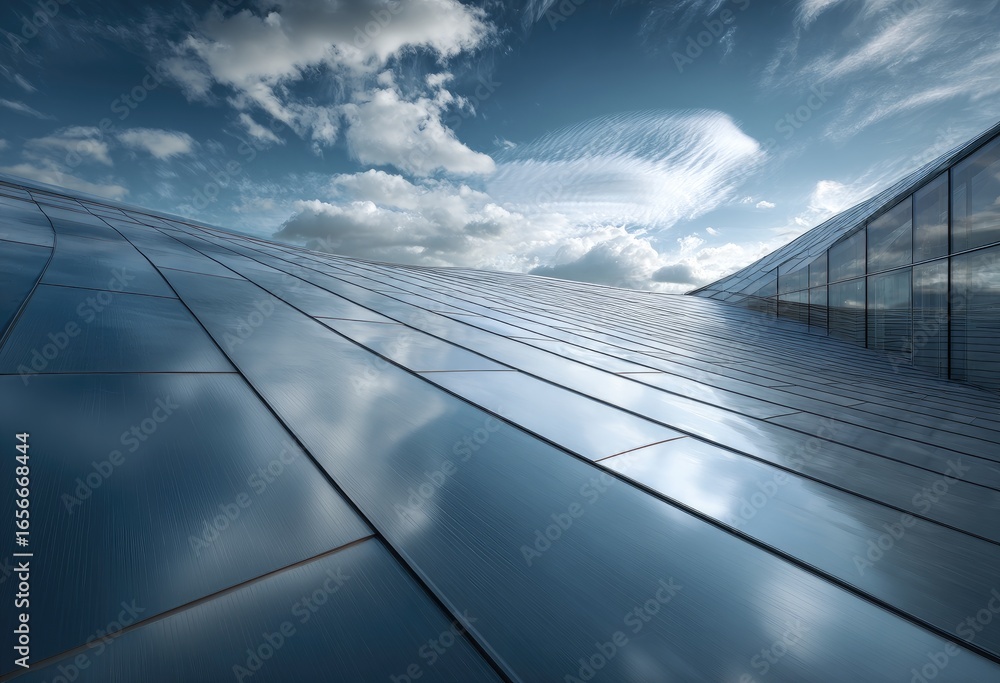 Obraz premium Modern architectural facade reflecting a dramatic sky