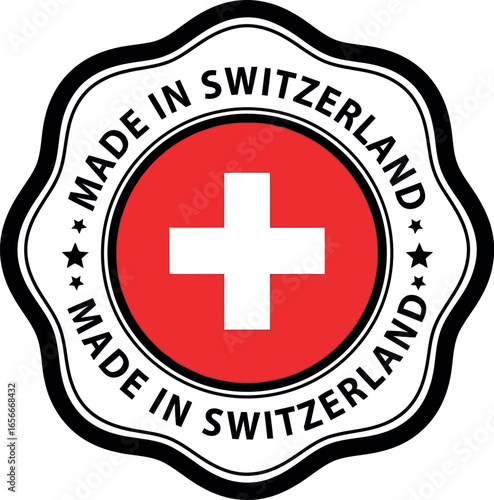 Official made in switzerland emblem featuring the swiss flag and a scalloped border signifying quality and origin