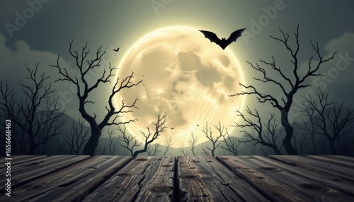 A dramatic, spooky scene dominated by a large, glowing full moon that casts an eerie light across the landscape, The moon is centrally positioned in the background