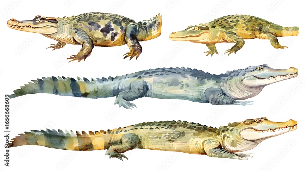 Fototapeta premium Colorful crocodile with teeth, watercolor illustration on a white background in a realistic style. Template. Hand drawing. Close-up. Clip art