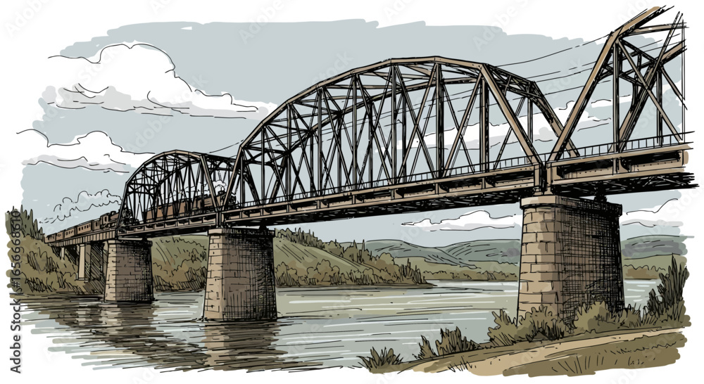 Fototapeta premium Stylized illustration of a truss bridge spanning a reflective river landscape