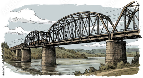 Stylized illustration of a truss bridge spanning a reflective river landscape