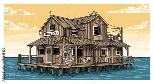 Stylized illustration of a vintage bait and tackle shop on the water