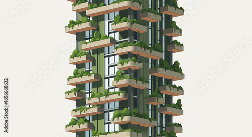 Stylized illustration of a vertical garden building with unique design