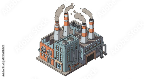 Stylized Isometric Factory Illustration Emitting Industrial Smoke Isolated