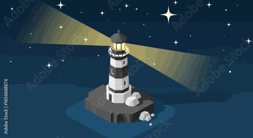 Stylized lighthouse vector illustration guiding light across the starry night