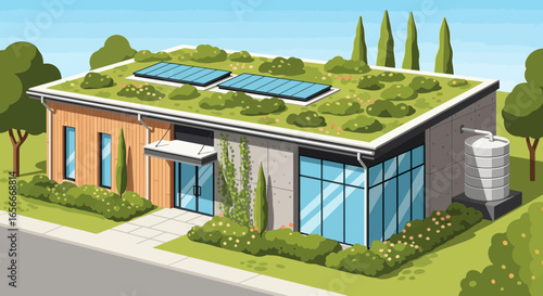 Sustainable dwelling showcasing green roof with solar panels for energy efficiency