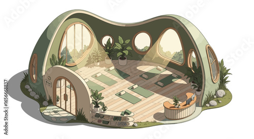 Stylized Wellness Center Illustration Featuring Yoga Studio And Natural Light
