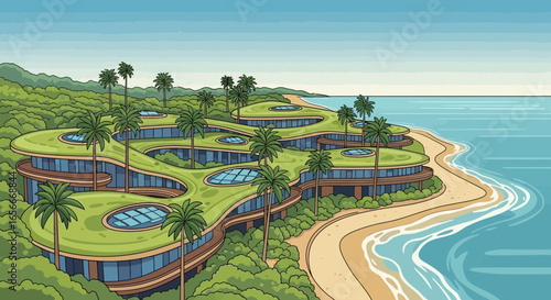 Sustainable eco-resort amidst tropical foliage, a coastal architectural vision