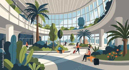 Vibrant Airport Terminal with Travelers amidst Lush Indoor Garden Design