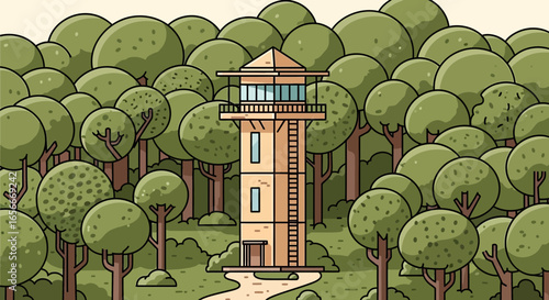 Watchtower Observes Forest, Fire Lookout Perched Amid Dense Tree Canopy