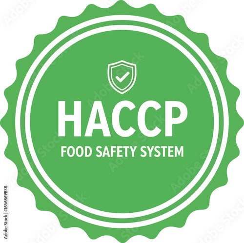 Green circular badge with a shield and checkmark icon displaying haccp food safety system text for quality assurance and compliance
