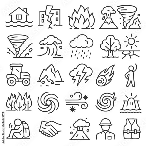 Disaster Icons Tornadoes, Floods, Wildfires, Earthquakes & Other Natural Hazards - Line Style