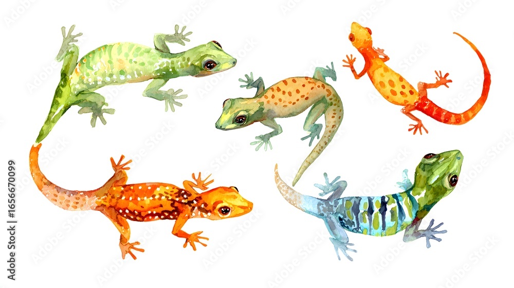 Naklejka premium Colorful wise gecko with teeth, watercolor illustration on a white background in a realistic style. Template. Hand drawing. Close-up. Clip art