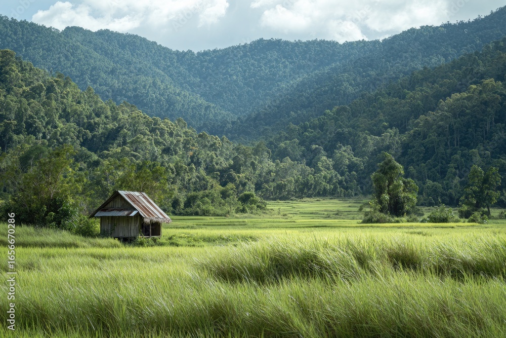 Fototapeta premium Tranquil rural scene. Lush green rice paddy, small wooden hut, and distant mountains