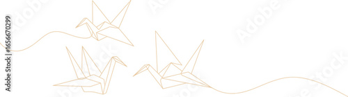 Line Art Golden Origami Cranes Flying with Transparent Background